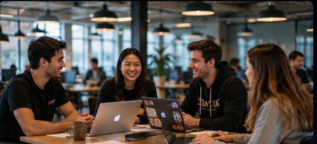 Startup founders using laptops in a coworking space